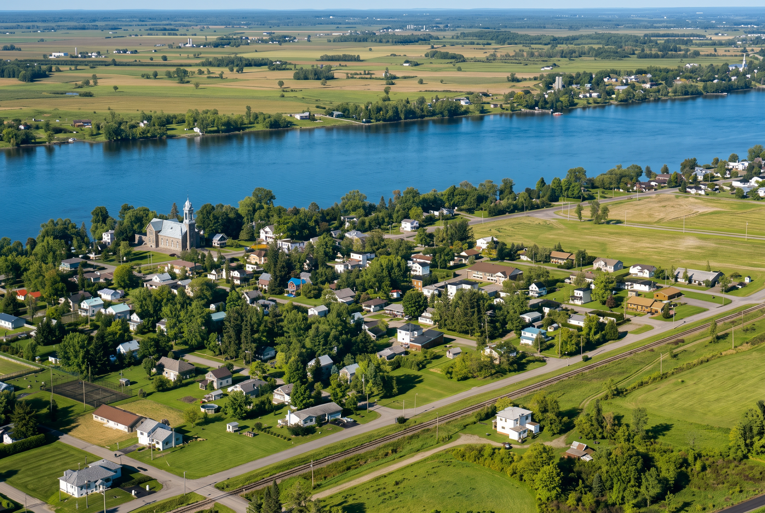 Vue aérienne du village de Fassett en bordure de la rivière des Outaouais